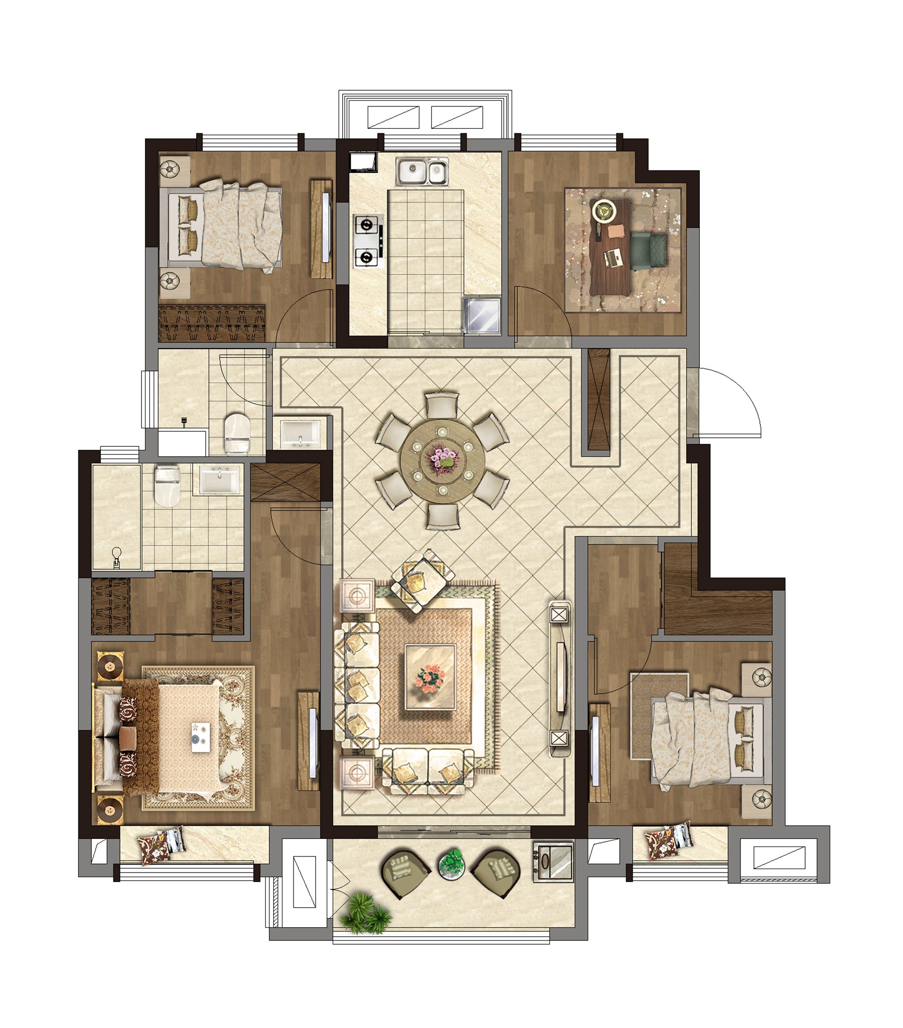 臻境 C戶型 建面約121㎡ 四房兩廳兩衛(wèi)
